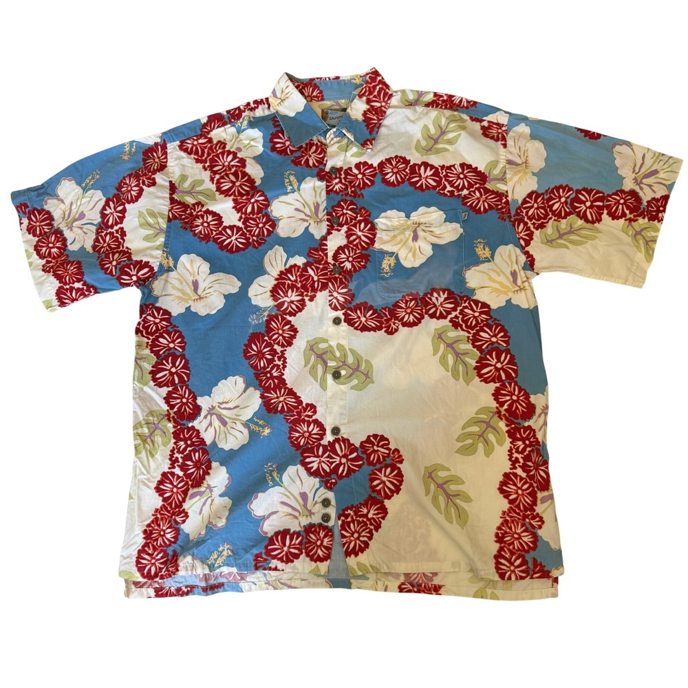 Campia Tiki Island Mens Large Floral Lei Hibiscus Cotton Hawaiian Shirt Blue Red